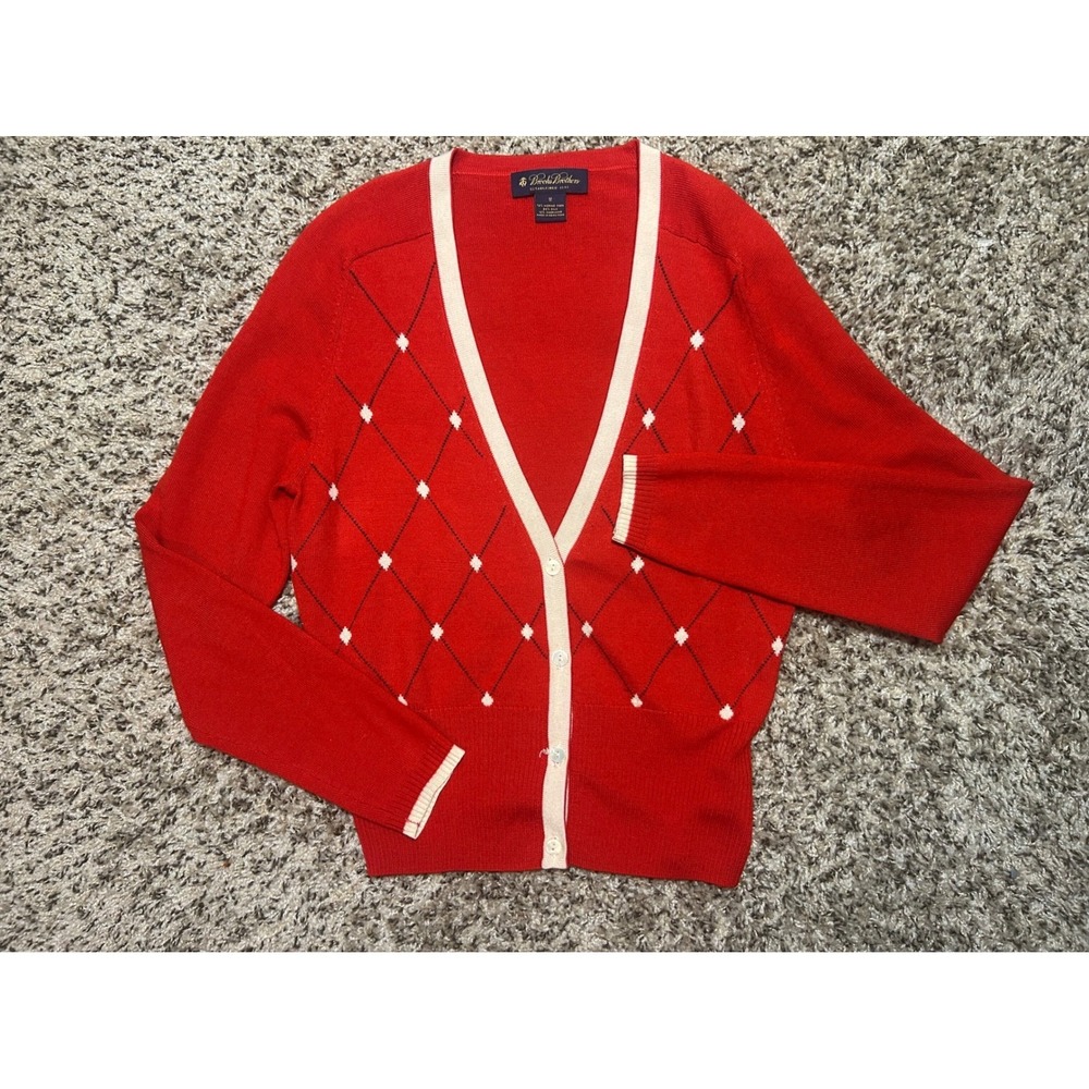 Brooks Brothers Red Argyle Cardigan Merino Wool Silk Cashmere Blend Womens Med
